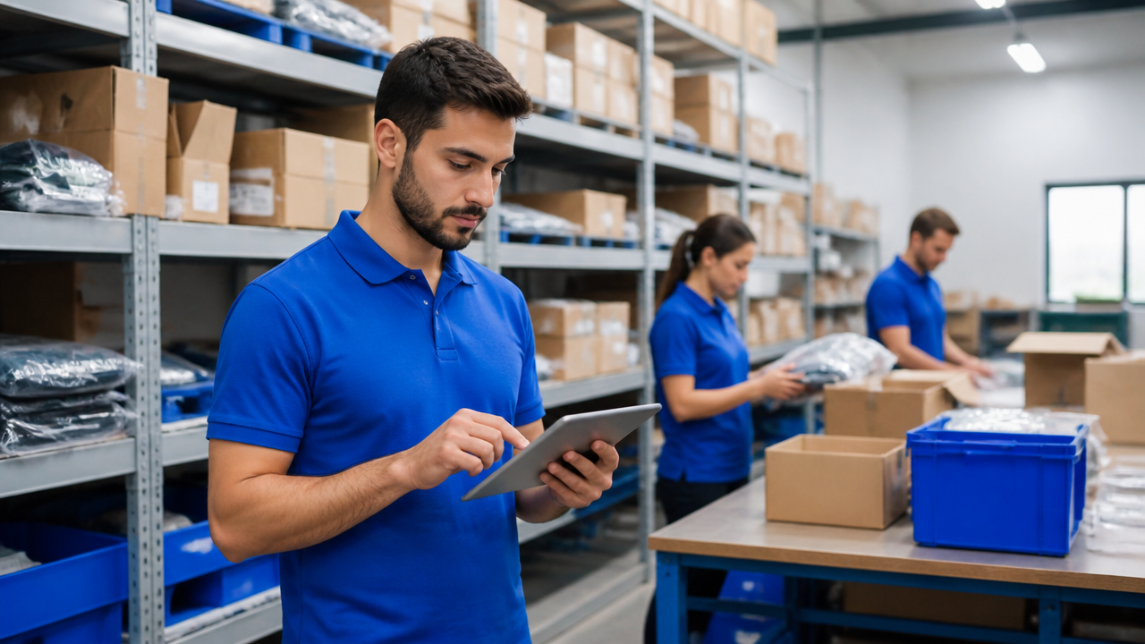 equipe b2b conferindo pedidos em tablet e separando mercadorias