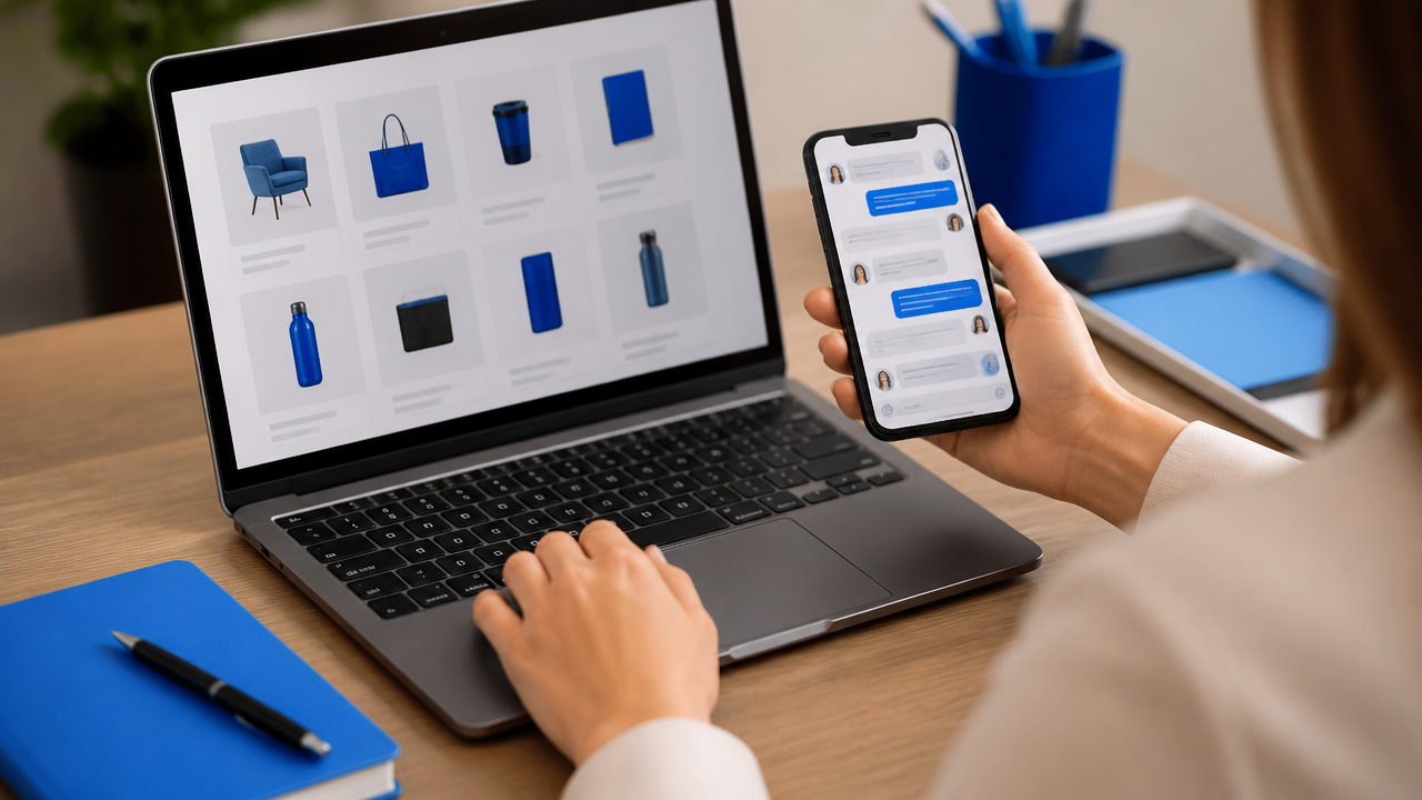 notebook com catalogo de produtos ao lado de celular